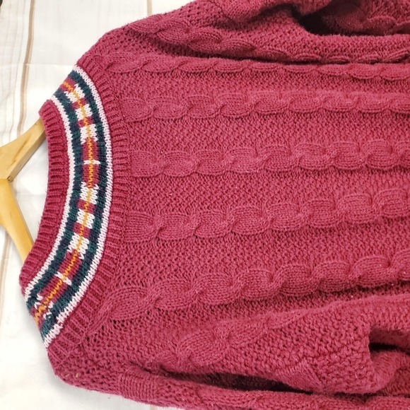 Vintage 90s Jamie Scott Red V-Neck Cable Knit Pullover Sweater Size Medium - Picture 6 of 8